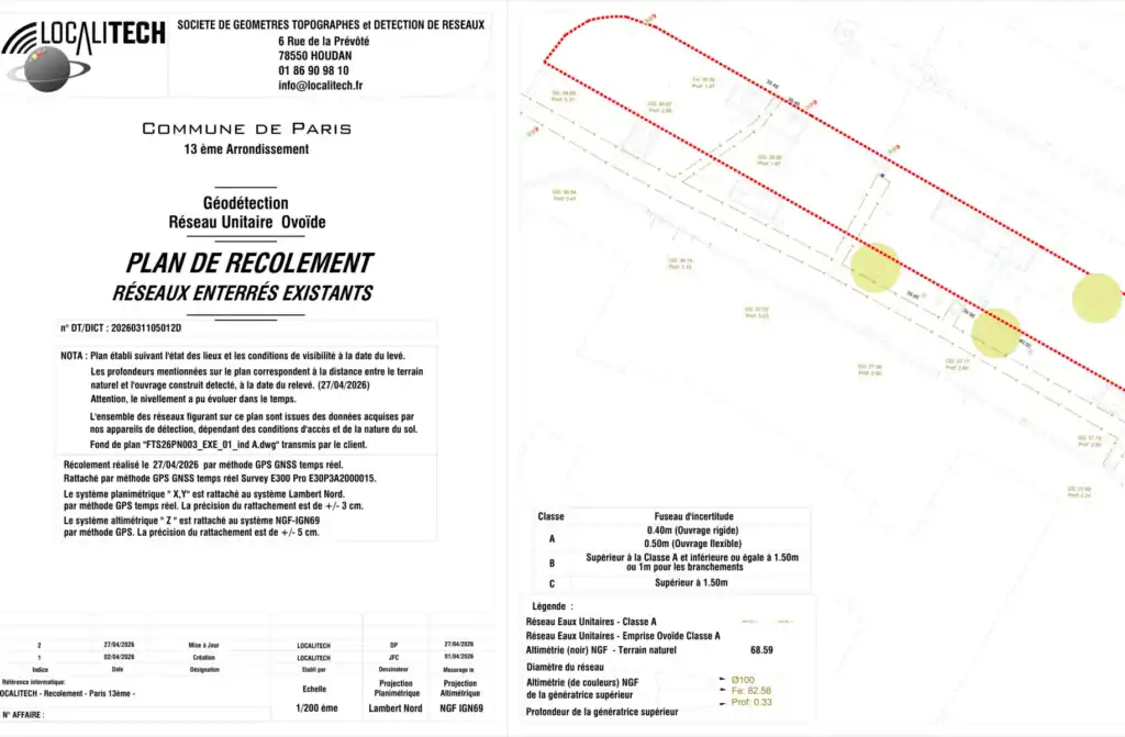 Extrait d'un plan de récolement de réseau enterré avec classe de précision et légende technique