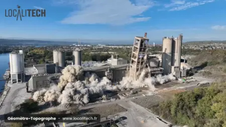 Démolition de la cimenterie Calcia Heidelberg Materials à Gargenville (78) filmée par notre drone de photogrammétrie.